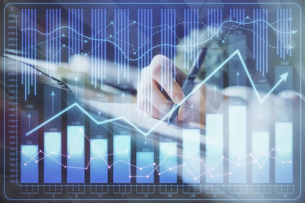 Finansiella Forex graf visas på händerna tar anteckningar bakgrund. Begreppet forskning. Multiexponering — Stockfoto