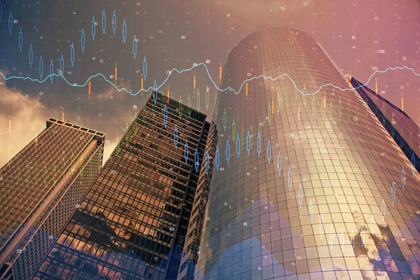 Devisendiagramm auf Stadtbild mit Wolkenkratzern Tapete Multi-Exposure. Finanzielles Forschungskonzept. — Stockfoto