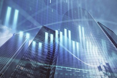 Gökdelenler, duvar kağıtları ve çoklu pozlama ile şehir manzarasının eski çizelgesi. Finansal araştırma kavramı.