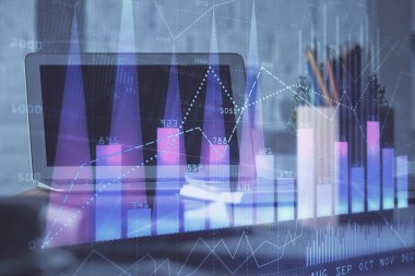 Bilgisayar geçmişi olan eski grafik hologramı. Çifte maruziyet. Finans piyasası kavramı.