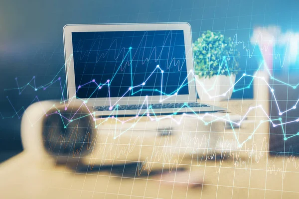 Dubbel exponering av diagram och finansiell information och arbetsyta med datorbakgrund. Begreppet internationell näthandel. — Stockfoto