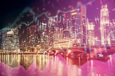 Yüksek binalar arka plan çok pozlama ile şehir scape mali grafik. Analiz kavramı.