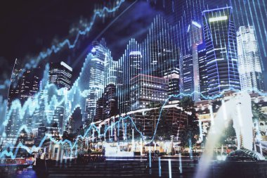 Yüksek binalar arka plan çok pozlama ile şehir scape mali grafik. Analiz kavramı.