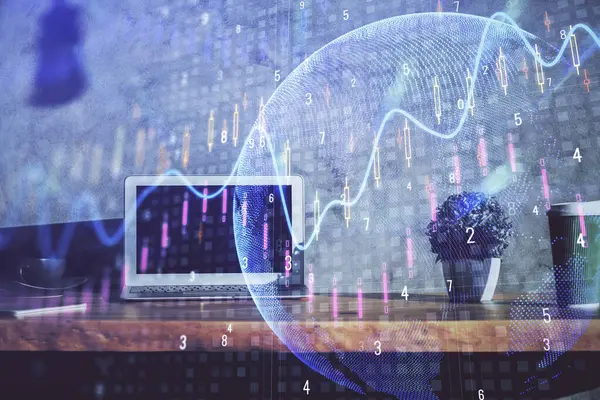 Doble exposición del gráfico de divisas y el espacio de trabajo con el ordenador. Concepto de comercio internacional en línea. —  Fotos de Stock