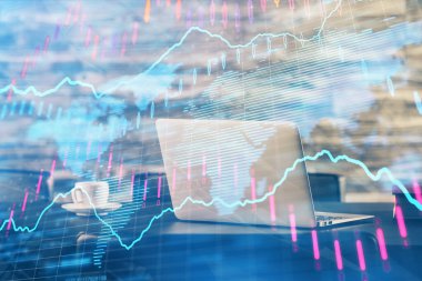 Eski pazar grafiği hologramı ve kişisel bilgisayar geçmişi. Çoklu maruz kalma. Yatırım kavramı.