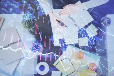 Not defteri 'nde el notu almak. Ön Forex grafik hologramlar. Araştırma kavramı. Çift Pozlama