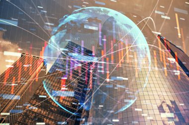 Gökdelenler, duvar kağıtları ve çoklu pozlama ile şehir manzarasının eski çizelgesi. Finansal araştırma kavramı.