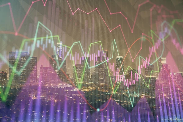 Multi exposure of forex chart drawings over cityscape background. Concept of success. — Stock Photo, Image