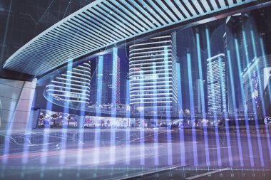 Yüksek binaların arka planında çoklu pozlama olan eski şehir haritası. Finansal araştırma kavramı.