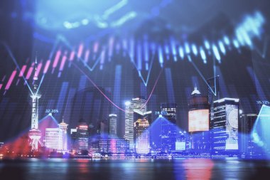 Yüksek binalar arka plan çift pozlama ile gece şehir scape mali grafik. Analiz kavramı.