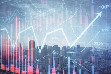 Gökdelenler arka planda çoklu pozlama ile şehir görünümünde eski grafik. Mali analiz kavramı.