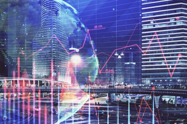 Yüksek binalar arka plan çok pozlama ile şehir scape mali grafik. Analiz kavramı.