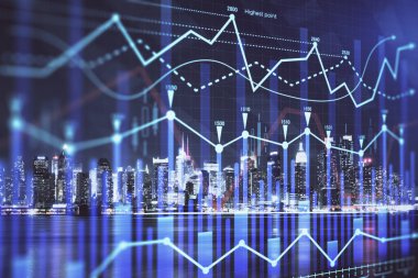 Yüksek binalar arka plan çok pozlama ile gece şehir scape mali grafik. Analiz kavramı.