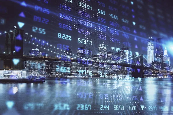 Financial graph on night city scape with tall buildings background multi exposure. Analysis concept.