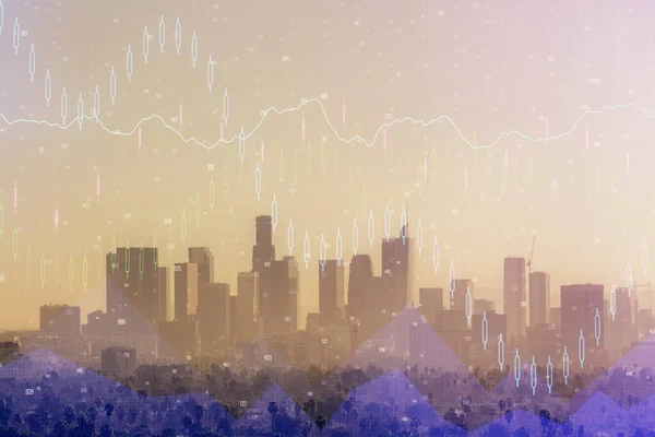 Forex διάγραμμα στο cityscape με ουρανοξύστες ταπετσαρία multi έκθεση. Έννοια της χρηματοοικονομικής έρευνας. — Φωτογραφία Αρχείου