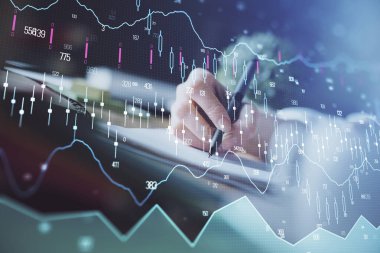 Finansal Forex grafik eller notları arka plan alarak görüntülenir. Araştırma kavramı. Çoklu pozlama