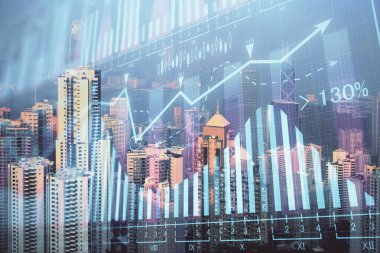 Gökdelenler arka planda çoklu pozlama ile şehir görünümünde eski grafik. Mali analiz kavramı.