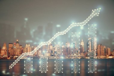 Yüksek binalar arka plan çift pozlama ile gece şehir scape mali grafik. Analiz kavramı.