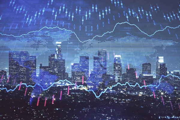 Forex diagram på stadsbilden med höga byggnader bakgrund multi exponering. Finansiell forskning. — Stockfoto