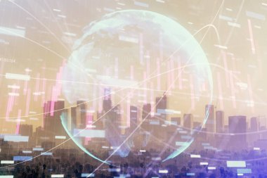 Gökdelenler, duvar kağıtları ve çoklu pozlama ile şehir manzarasının eski çizelgesi. Finansal araştırma kavramı.