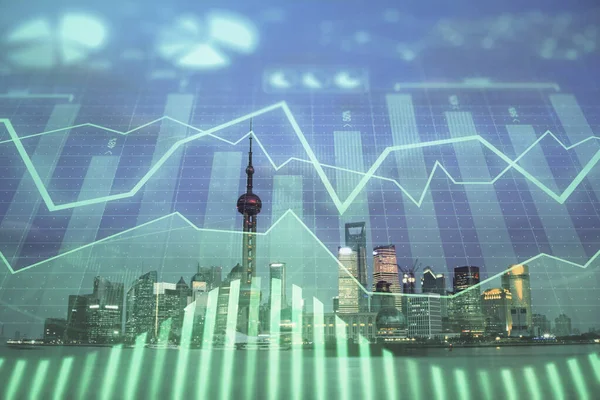 Forex chart on cityscape with tall buildings background multi exposure. Financial research concept. — Stock Photo, Image