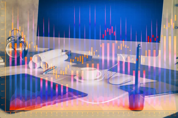 Ekonomisk graf färgstark ritning och tabell med dator på bakgrunden. Multiexponering. Begreppet internationella marknader. — Stockfoto