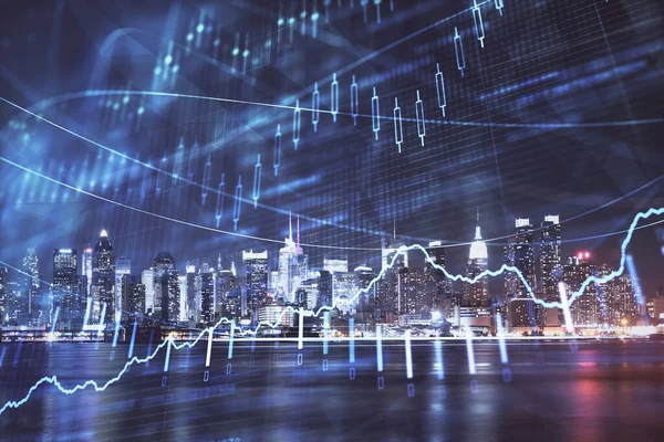 Gráfico financiero sobre paisaje nocturno de la ciudad con edificios altos de fondo multi exposición. Concepto de análisis . —  Fotos de Stock