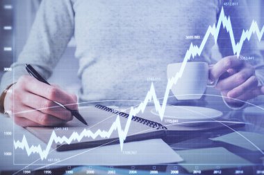 Forex grafik hologram el notları arka plan alarak. Analiz kavramı. Çift Pozlama