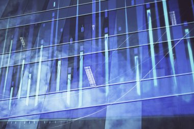 Yüksek binaların arka planında çoklu pozlama olan eski şehir haritası. Finansal araştırma kavramı.