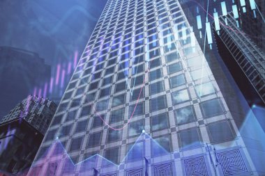 Yüksek binaların arka planında çoklu pozlama olan eski şehir haritası. Finansal araştırma kavramı.