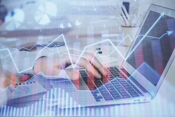 Multi exposure of stock market graph with man working on laptop on background. Concept of financial analysis. — Stock Photo, Image