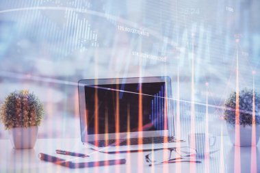 Bilgisayar geçmişi olan eski grafik hologramı. Çoklu maruz kalma. Finans piyasası kavramı.