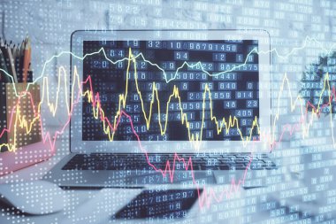 Eski pazar grafiği hologramı ve kişisel bilgisayar geçmişi. Çifte maruziyet. Yatırım kavramı.