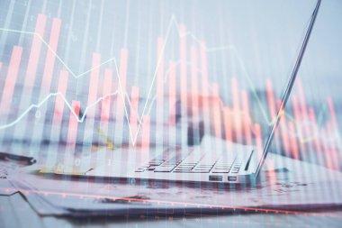 Bilgisayar geçmişi olan eski grafik hologramı. Çoklu maruz kalma. Finans piyasası kavramı.