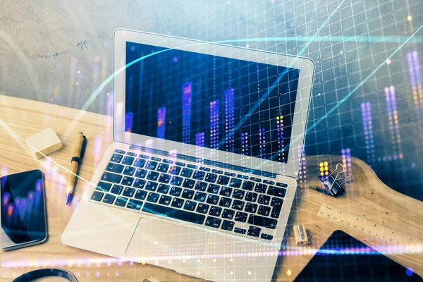 Multi exposure of chart and financial info and work space with computer background. Concept of international online trading. — Stock Photo, Image