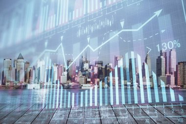 Gökdelenler arka planda çift pozlama ile şehir görünümünde eski grafik. Mali analiz kavramı.