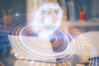 Teknoloji temalı çizim ve bilgisayarlı masa. Çifte maruziyet. Bilgi kavramı.