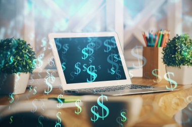 Finansal tablo çizimi ve arka planda bilgisayar olan bir tablo. Çoklu maruz kalma. Uluslararası pazarlar kavramı.