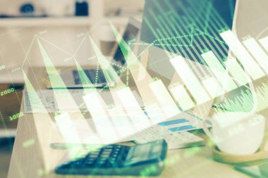 Finansal grafik renkli çizimler ve arka planda bilgisayar olan tablolar. Çifte maruziyet. Uluslararası pazarlar kavramı.