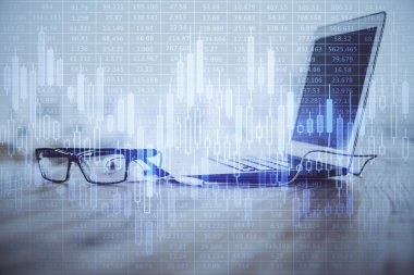 Eski pazar grafiği hologramı ve kişisel bilgisayar geçmişi. Çifte maruziyet. Yatırım kavramı.