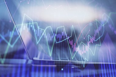 Bilgisayar geçmişi olan eski grafik hologramı. Çoklu maruz kalma. Finans piyasası kavramı.