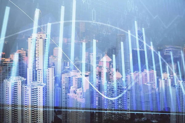Forex grafiek over uitzicht op de stad met wolkenkrabbers achtergrond multi blootstelling. Begrip financiële analyse. — Stockfoto