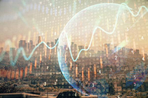 Forex chart on cityscape with skyscrapers wallpaper multi exposure. Financial research concept.