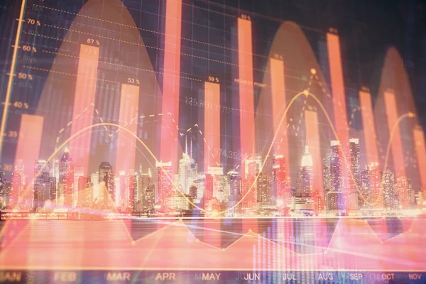 Financial graph on night city scape with tall buildings background multi exposure. Analysis concept.