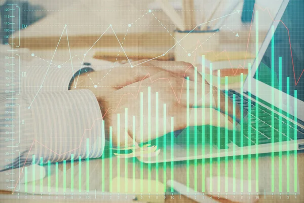 Multi exposure of stock market graph with man working on laptop on background. Concept of financial analysis. — Stock Photo, Image