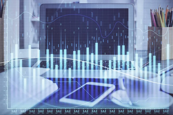 Forex piaci chart hologram és személyi számítógép háttér. Többszörös expozíció. A beruházás fogalma. — Stock Fotó