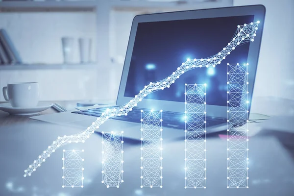外国為替市場チャートのホログラムと個人的なコンピュータの背景。多重露光。投資の概念. — ストック写真