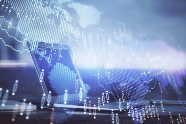 Eski pazar grafiği hologramı ve kişisel bilgisayar geçmişi. Çifte maruziyet. Yatırım kavramı.