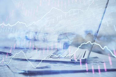 Bilgisayar geçmişi olan eski grafik hologramı. Çoklu maruz kalma. Finans piyasası kavramı.