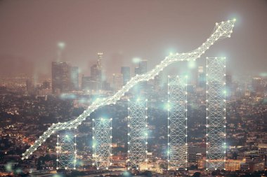 Yüksek binalar arka plan çift pozlama ile gece şehir scape mali grafik. Analiz kavramı.
